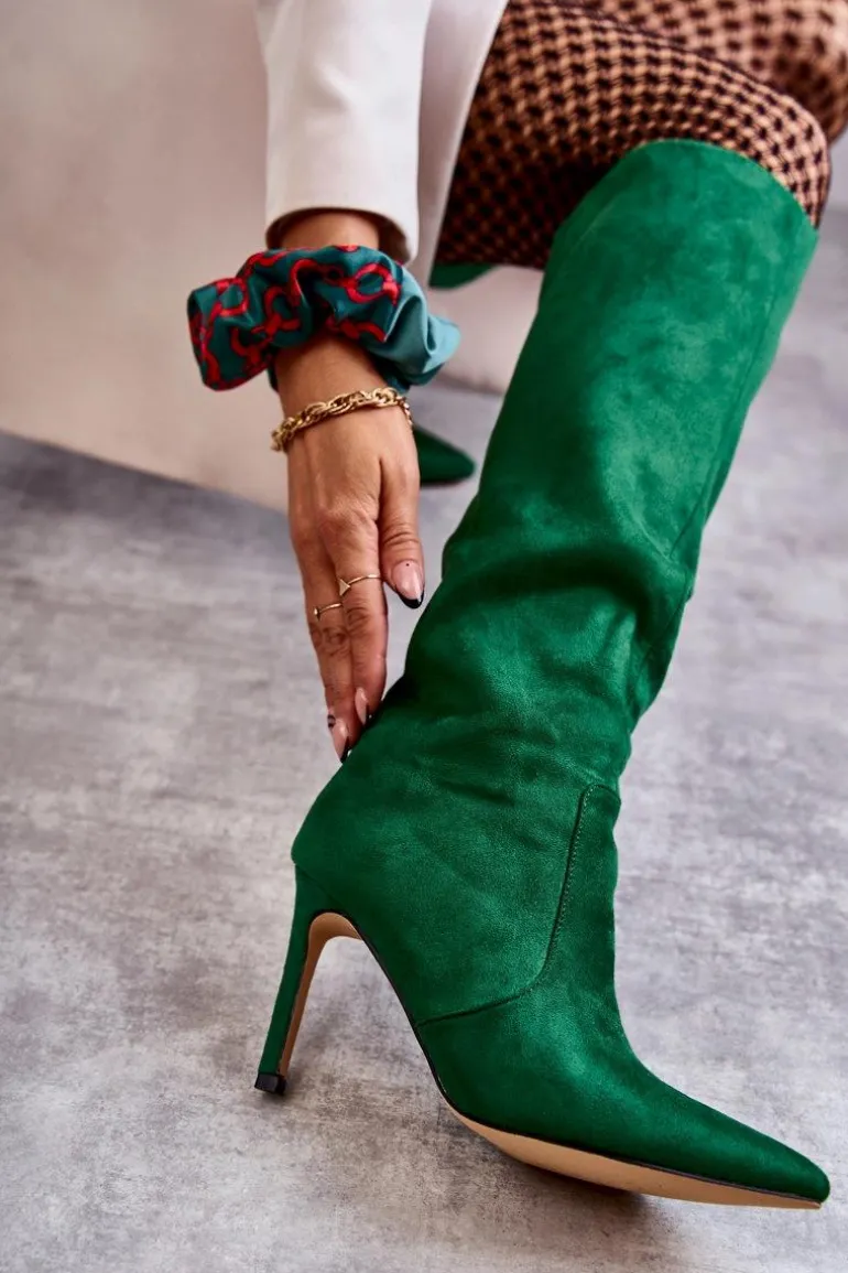Zamszowe Kozaki Na Szpilce Zielone Carite