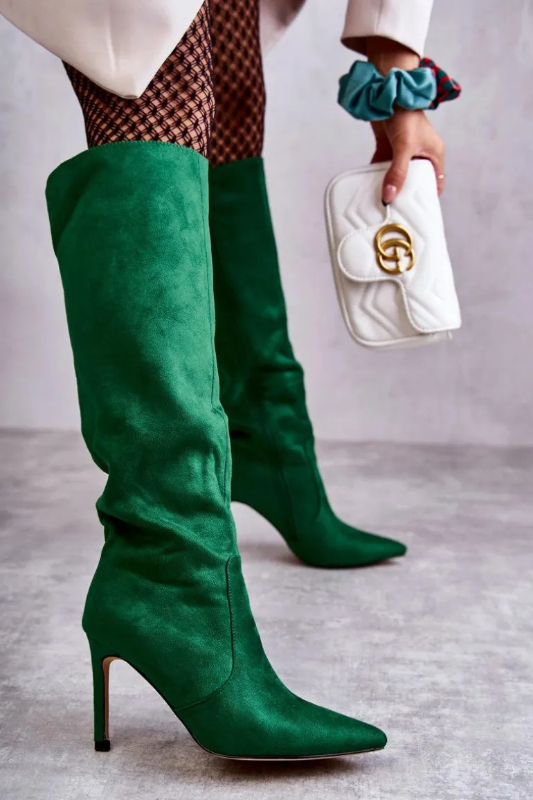 Zamszowe Kozaki Na Szpilce Zielone Carite