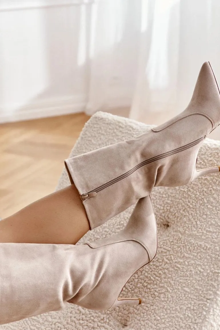 Zamszowe Kozaki Na Szpilce Beżowe Arison