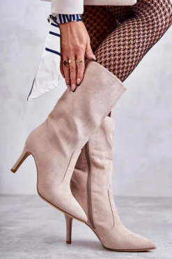 Zamszowe Kozaki Na Szpilce Beżowe Arison