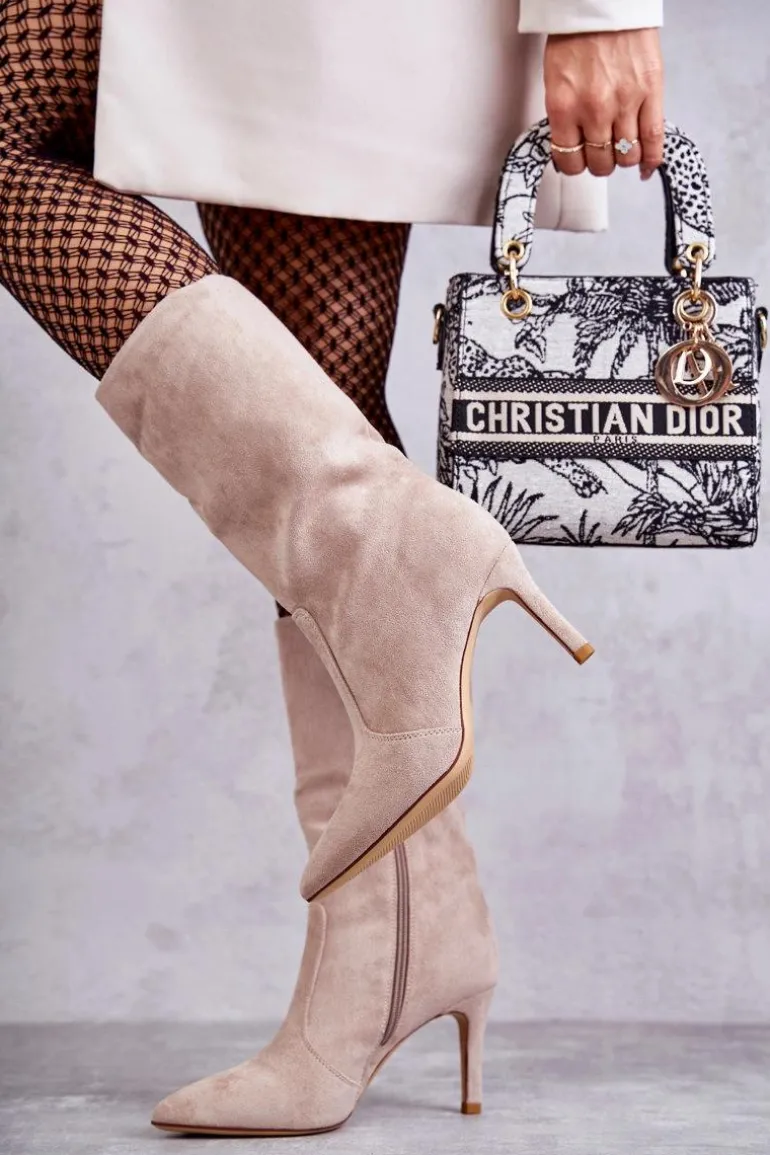 Zamszowe Kozaki Na Szpilce Beżowe Arison