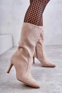 Zamszowe Kozaki Na Szpilce Beżowe Arison