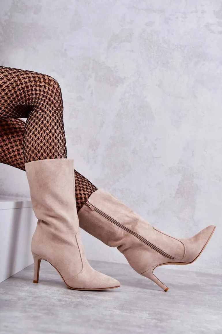 Zamszowe Kozaki Na Szpilce Beżowe Arison