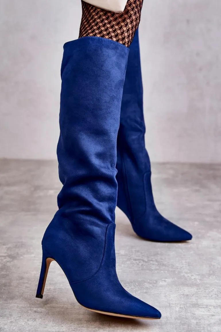 Zamszowe Kozaki Na Szpilce Niebieskie Carite