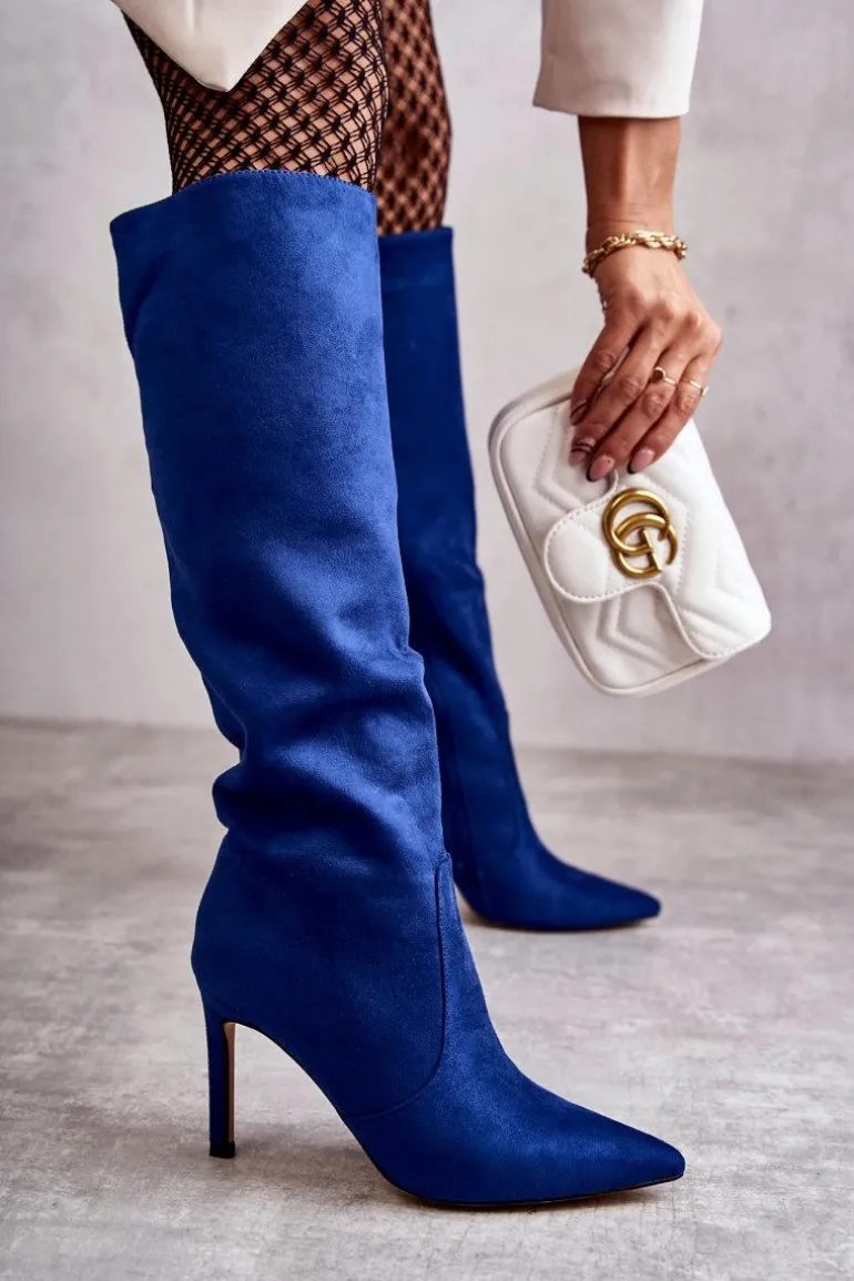 Zamszowe Kozaki Na Szpilce Niebieskie Carite