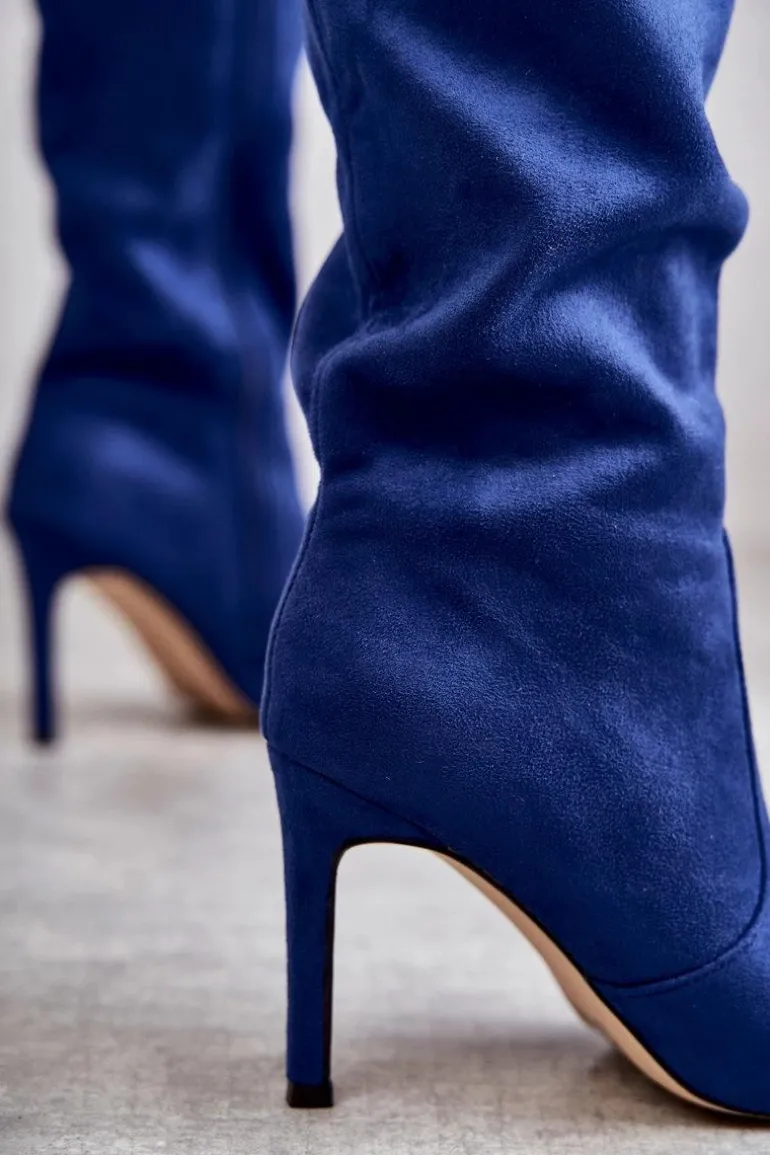 Zamszowe Kozaki Na Szpilce Niebieskie Carite