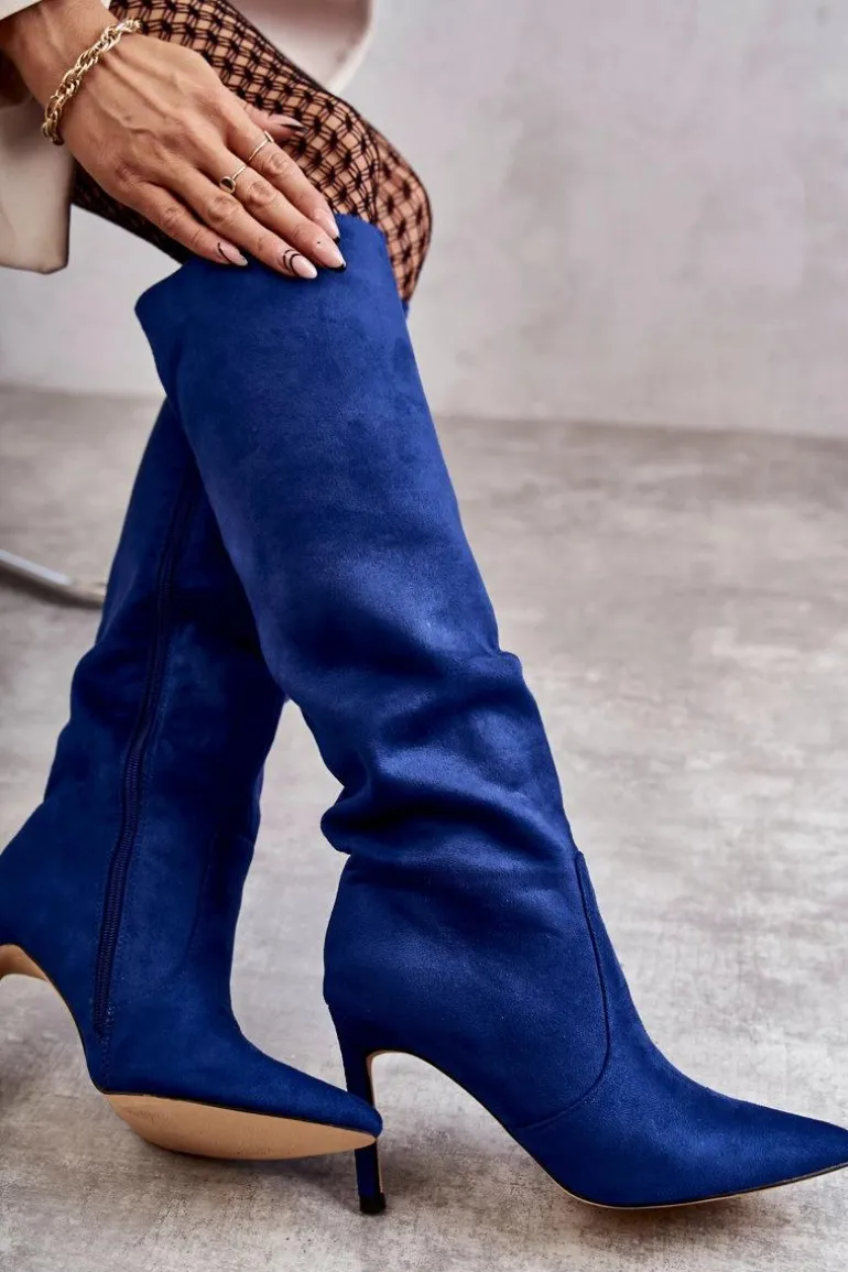 Zamszowe Kozaki Na Szpilce Niebieskie Carite