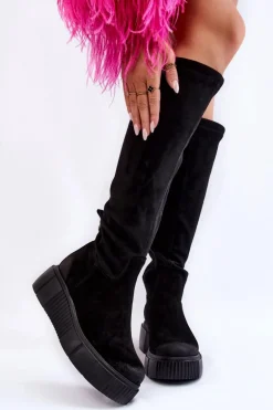 Zamszowe Kozaki Przed Kolano Na Platformie Czarne Lemar Spectrum
