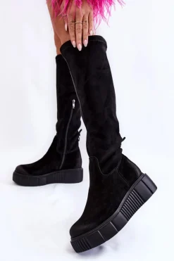 Zamszowe Kozaki Przed Kolano Na Platformie Czarne Lemar Spectrum
