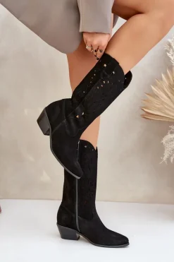 Zamszowe Kozaki Z Ażurową Cholewką Zazoo 3609 Czarne