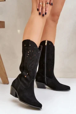 Zamszowe Kozaki Z Ażurową Cholewką Zazoo 3609 Czarne