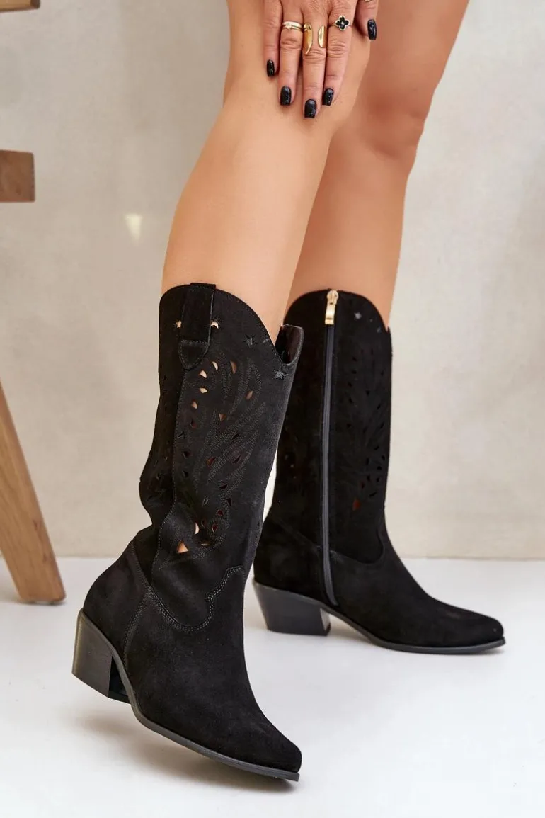 Zamszowe Kozaki Z Ażurową Cholewką Zazoo 3609 Czarne