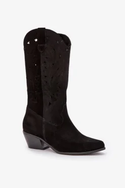 Zamszowe Kozaki Z Ażurową Cholewką Zazoo 3609 Czarne