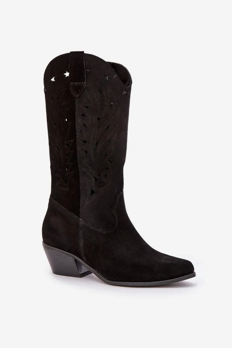 Zamszowe Kozaki Z Ażurową Cholewką Zazoo 3609 Czarne