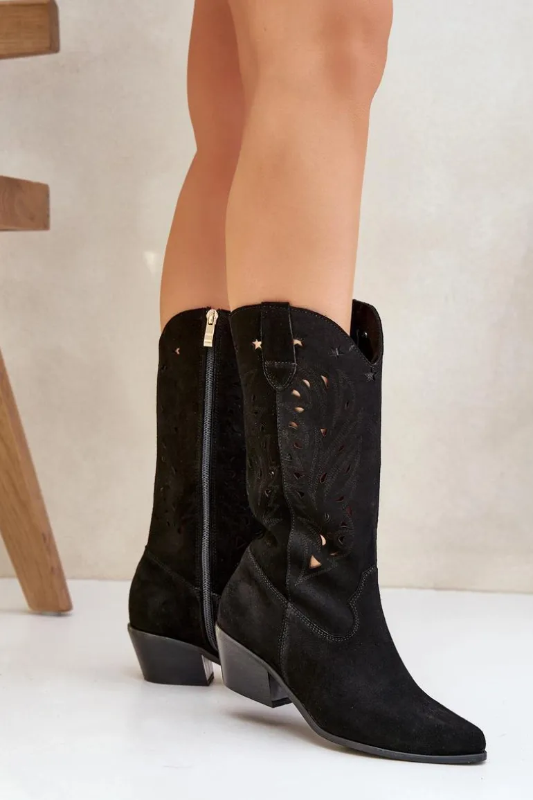 Zamszowe Kozaki Z Ażurową Cholewką Zazoo 3609 Czarne