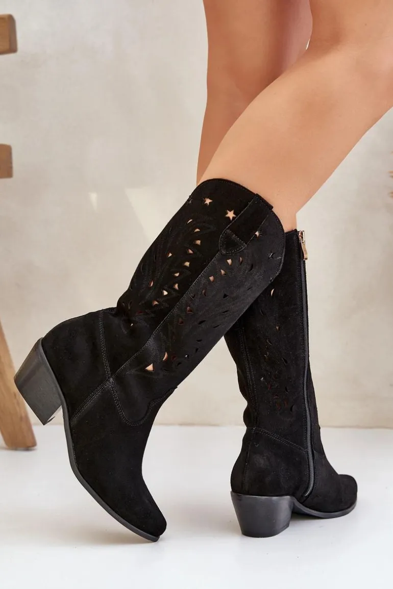 Zamszowe Kozaki Z Ażurową Cholewką Zazoo 3609 Czarne
