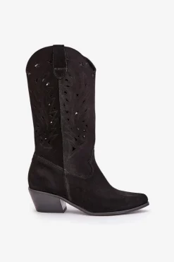 Zamszowe Kozaki Z Ażurową Cholewką Zazoo 3609 Czarne