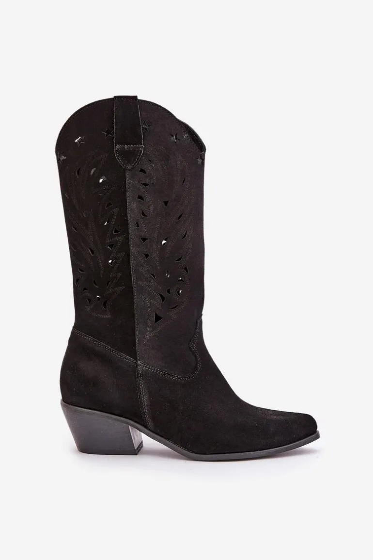 Zamszowe Kozaki Z Ażurową Cholewką Zazoo 3609 Czarne