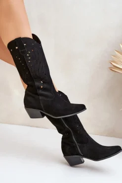 Zamszowe Kozaki Z Ażurową Cholewką Zazoo 3609 Czarne