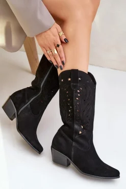 Zamszowe Kozaki Z Ażurową Cholewką Zazoo 3609 Czarne