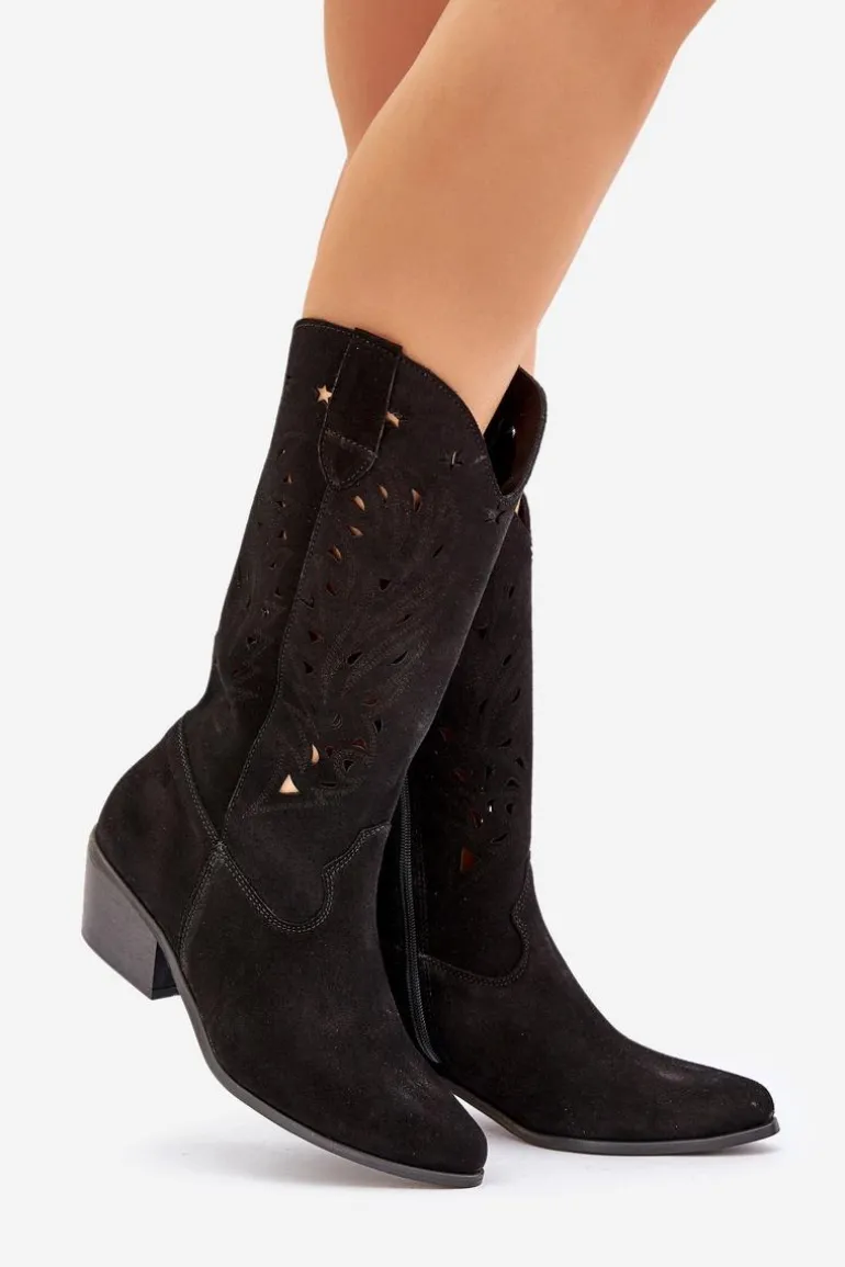 Zamszowe Kozaki Z Ażurową Cholewką Zazoo 3609 Czarne