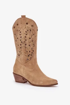Zamszowe Kozaki Z Ażurową Cholewką Zazoo 3714 Beżowe