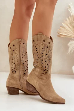 Zamszowe Kozaki Z Ażurową Cholewką Zazoo 3714 Beżowe