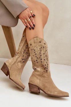 Zamszowe Kozaki Z Ażurową Cholewką Zazoo 3714 Beżowe