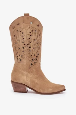 Zamszowe Kozaki Z Ażurową Cholewką Zazoo 3714 Beżowe