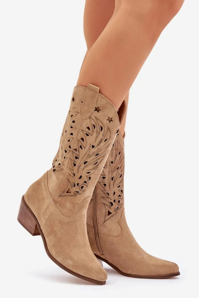 Zamszowe Kozaki Z Ażurową Cholewką Zazoo 3714 Beżowe
