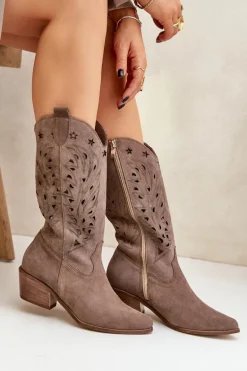 Zamszowe Kozaki Z Ażurową Cholewką Zazoo 3609 Brązowe