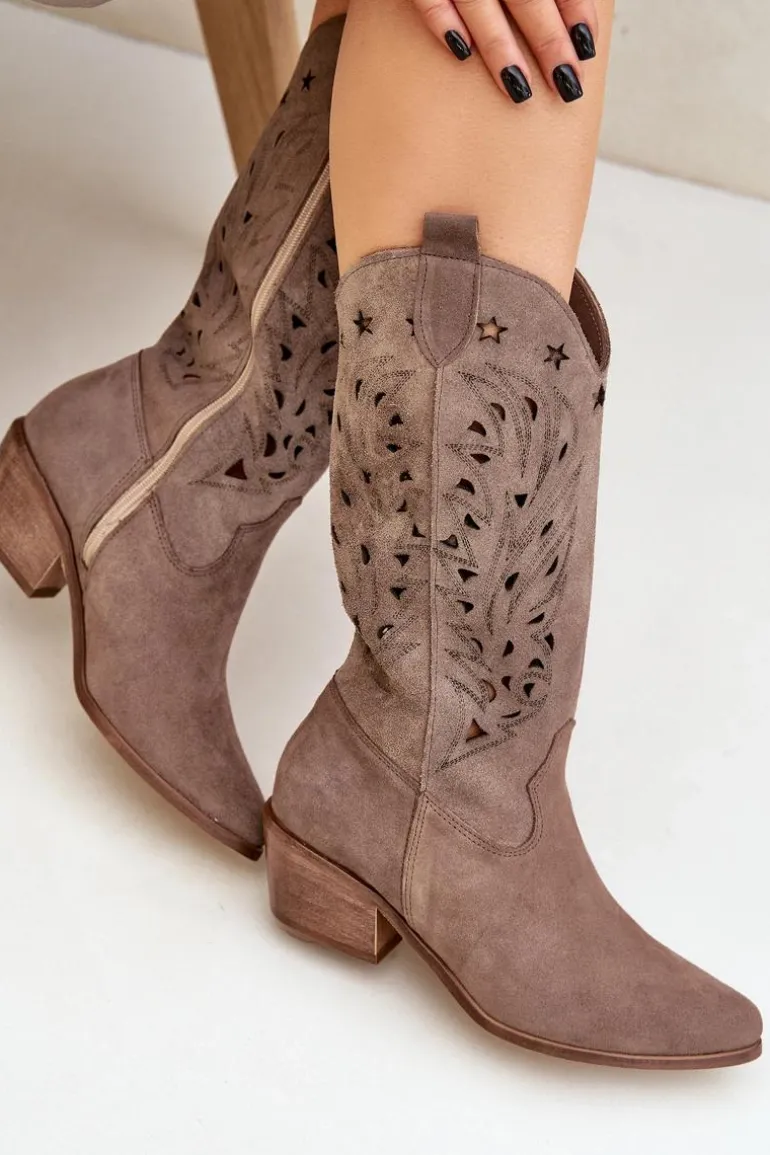 Zamszowe Kozaki Z Ażurową Cholewką Zazoo 3609 Brązowe