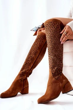 Zamszowe Kozaki Z Ażurowym Wzorem Brązowe Hekilea