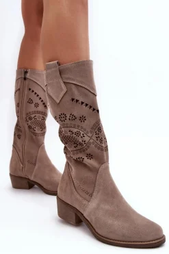Zamszowe Kozaki Z Ażurowym Wzorem Cappuccino Sierra