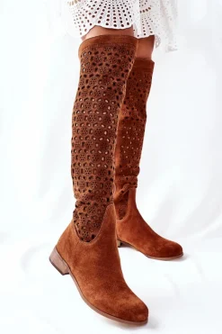 Zamszowe Kozaki Z Ażurowym Wzorem Brązowe Pointe