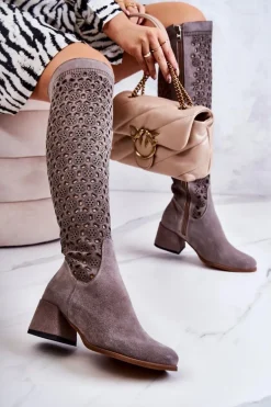 Zamszowe Kozaki Z Ażurowym Wzorem Szare Hekilea