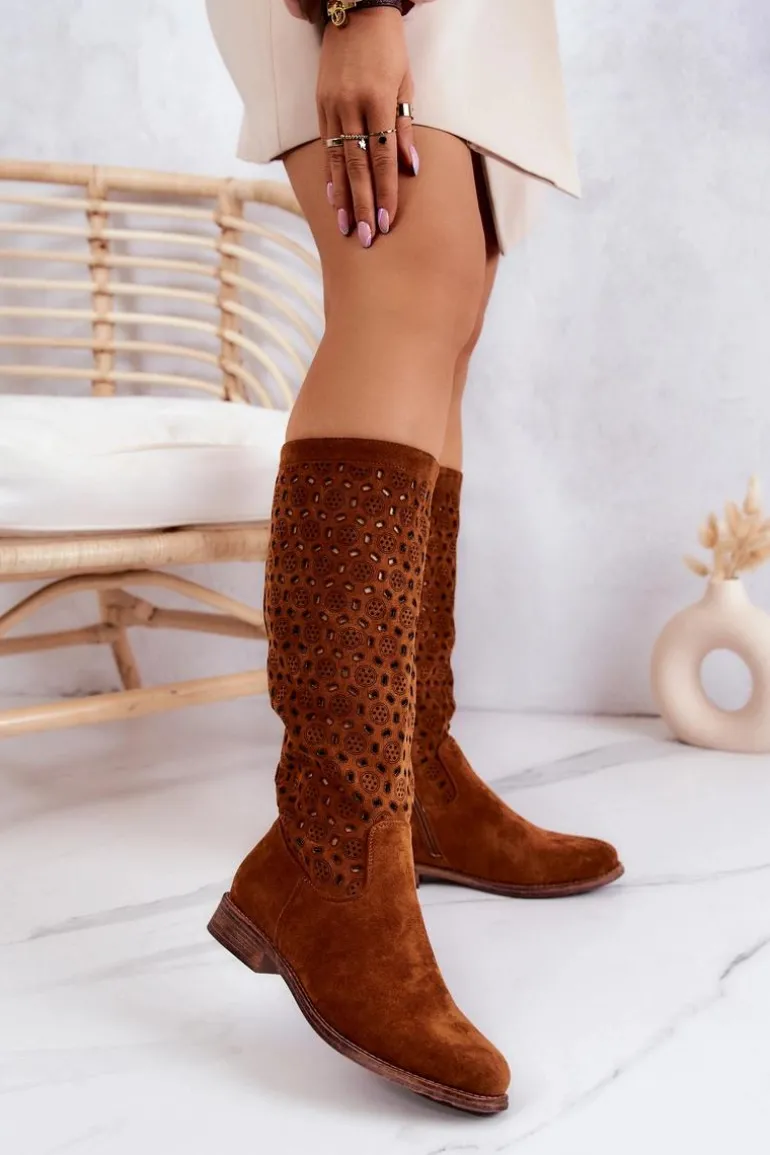 Zamszowe Kozaki Z Ażurowym Wzorem Camel Darnell