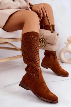 Zamszowe Kozaki Z Ażurowym Wzorem Camel Darnell