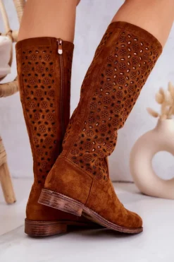 Zamszowe Kozaki Z Ażurowym Wzorem Camel Darnell