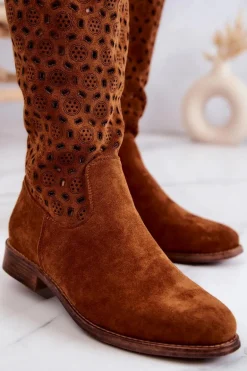 Zamszowe Kozaki Z Ażurowym Wzorem Camel Darnell