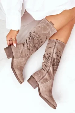 Zamszowe Kozaki Z Ażurowym Wzorem Cappuccino Sierra