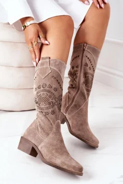 Zamszowe Kozaki Z Ażurowym Wzorem Cappuccino Sierra