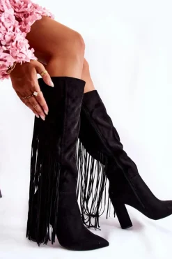 Zamszowe Kozaki Z Frędzlami Czarne Avilla