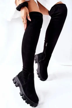Zamszowe Kozaki Za Kolano Na Suwak Czarne Creen