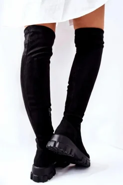 Zamszowe Kozaki Za Kolano Na Suwak Czarne Creen