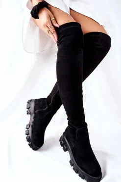 Zamszowe Kozaki Za Kolano Na Suwak Czarne Creen