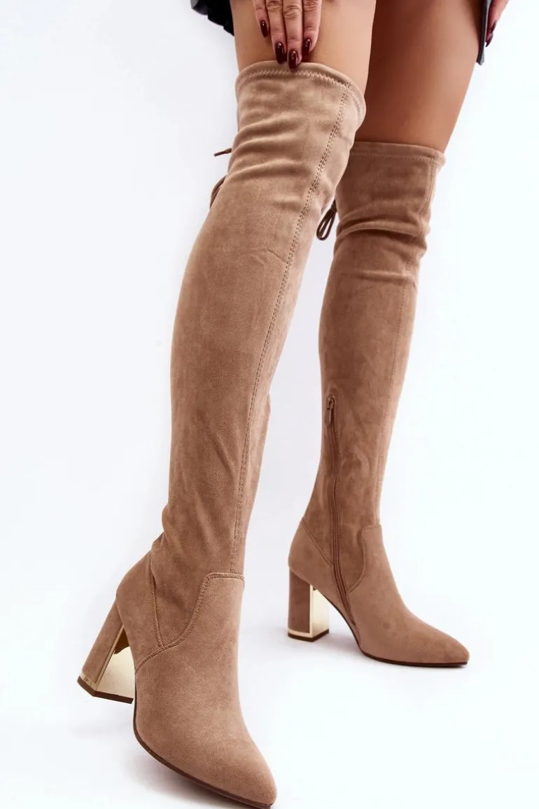 Zamszowe Kozaki Za Kolano Na Słupku Beżowe Amalitas