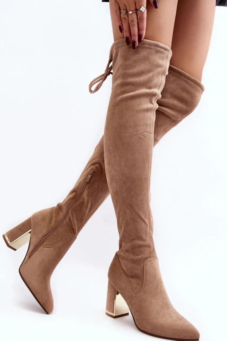 Zamszowe Kozaki Za Kolano Na Słupku Beżowe Amalitas