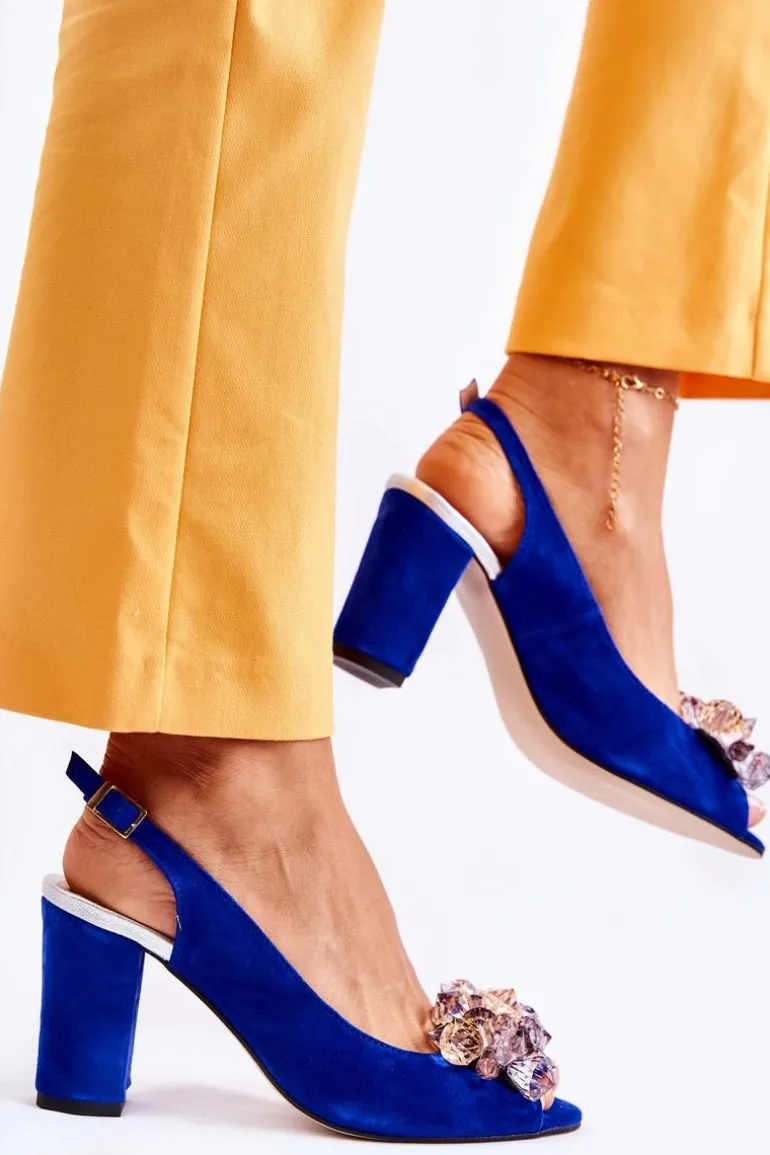 Zamszowe Modne Czółenka Sandały Z Kryształkami Granatowe Nolissa