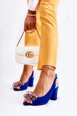 Zamszowe Modne Czółenka Sandały Z Kryształkami Granatowe Nolissa